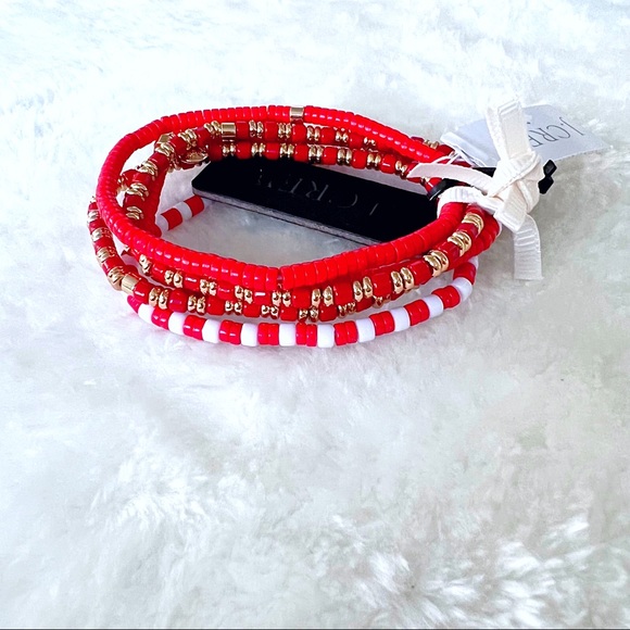 J. Crew Red and White Beaded Bracelets Set of Five - Picture 1 of 5